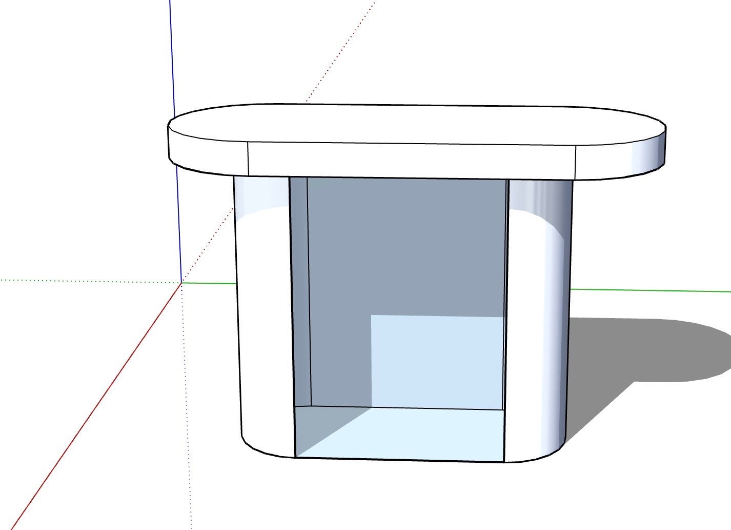 Schemat 3D minimalistycznego stolika z owalnym blatem i prostokątną podstawą, w odcieniach bieli i szarości, z widocznymi liniami siatki pomocniczej.