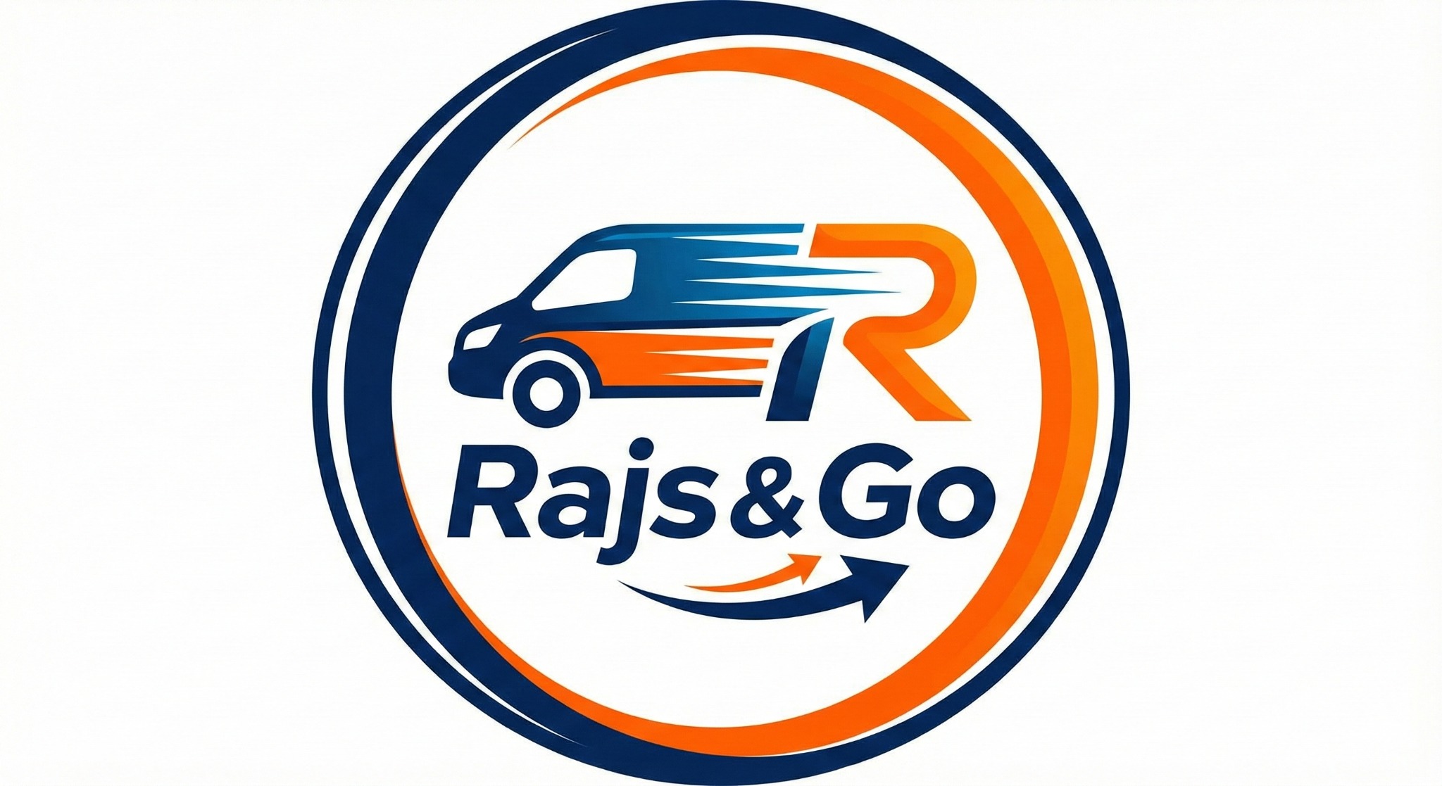 Kolorowe logo firmy transportowej: stylizowany van w ruchu, nazwa 'Rajs&Go' i strzałka w okręgu. Dynamiczny design w odcieniach niebieskiego i pomarańczowego.
