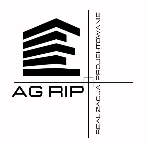 Minimalistyczne logo firmy AG RIP z abstrakcyjnym symbolem budynku i napisem 'REALIZACJA PROJEKTOWANIE' na białym tle, w czerni.