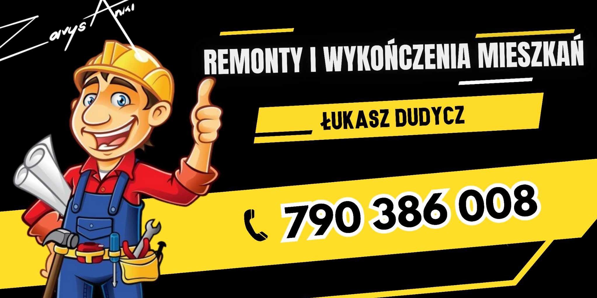 Grafika reklamowa: uśmiechnięty majsterkowicz w kasku, z narzędziami i planami, oferujący remonty i wykończenia mieszkań. Widoczny numer telefonu i imię Łukasz Dudycz.