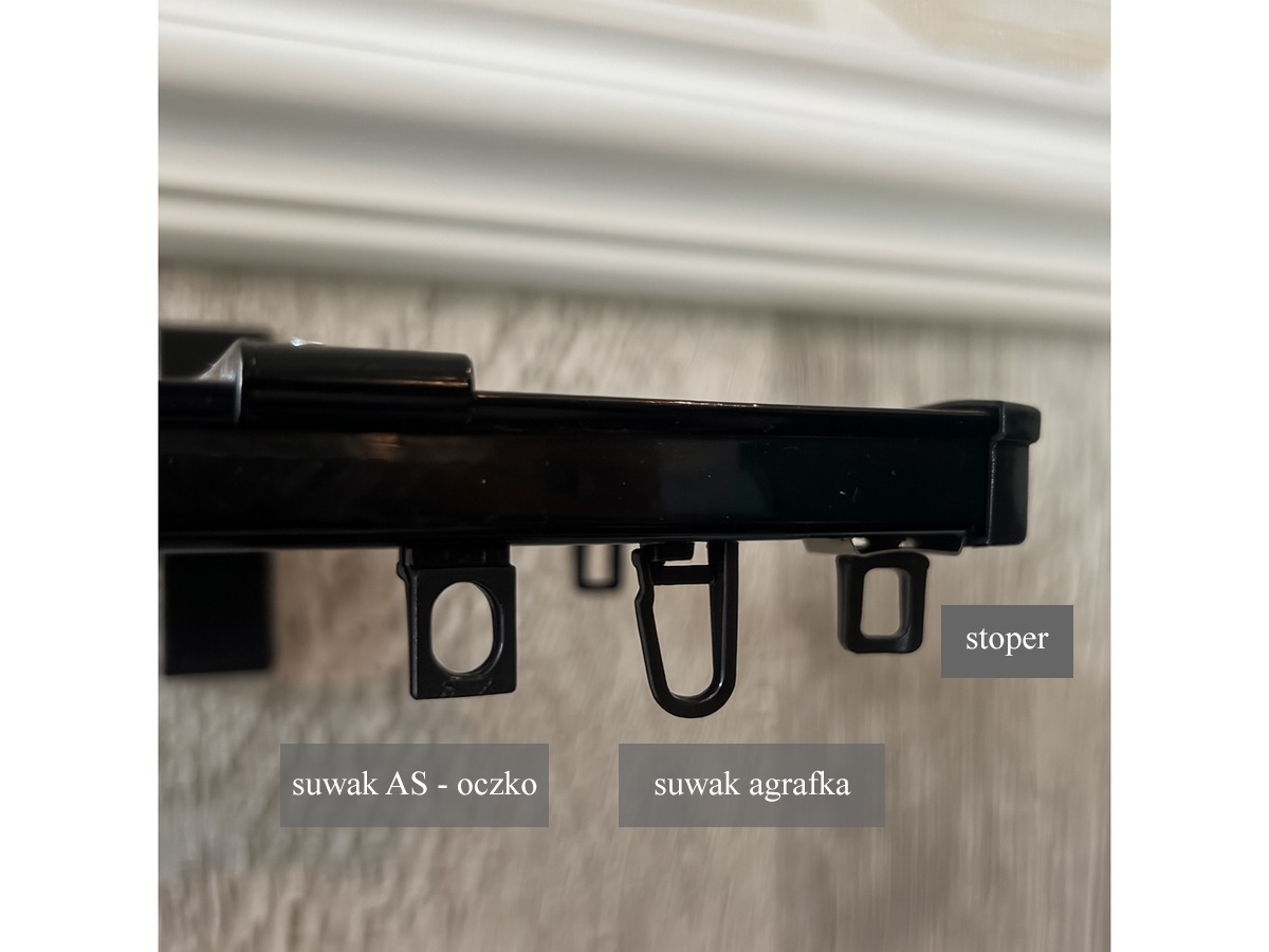 Szyna ścienna czarna, może być także na uchwycie sufitowym i elektryczna. Docinamy szyny na wymiar.