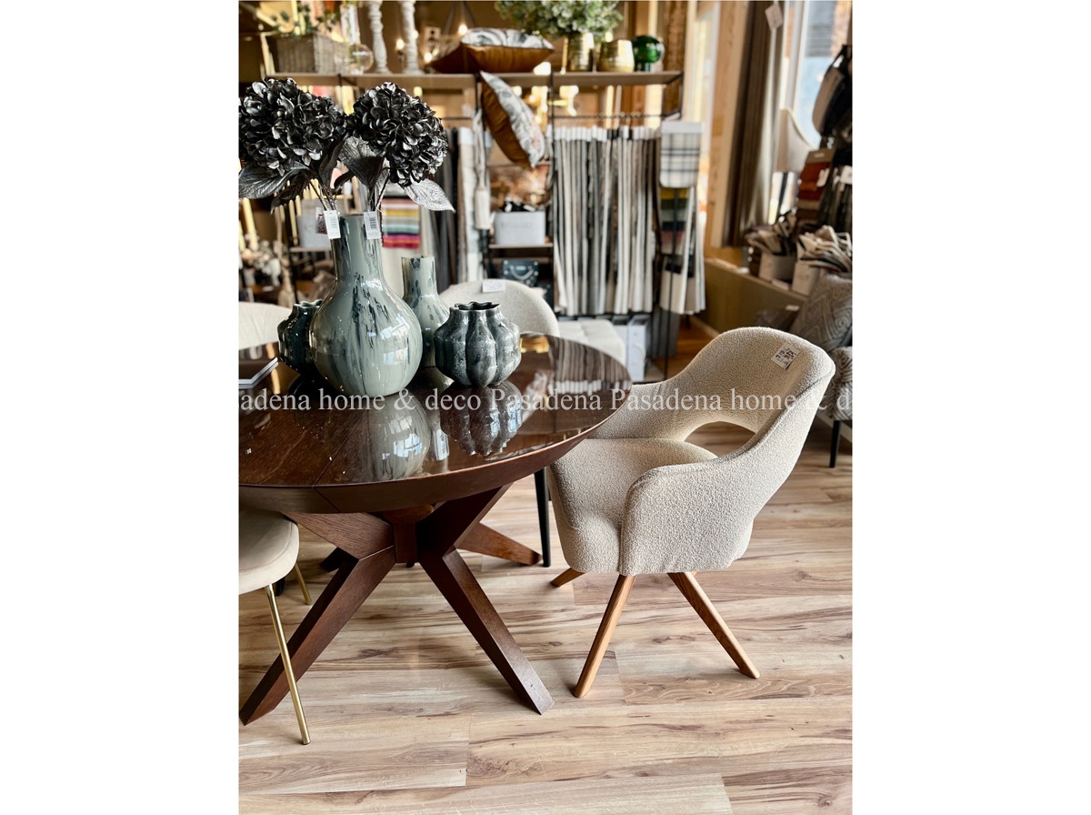 Stół okrągły rozkładany Demi 120-210 cm lub 130-230 cm, krześło Isabell do wyboru tkanina i kolor nóg.