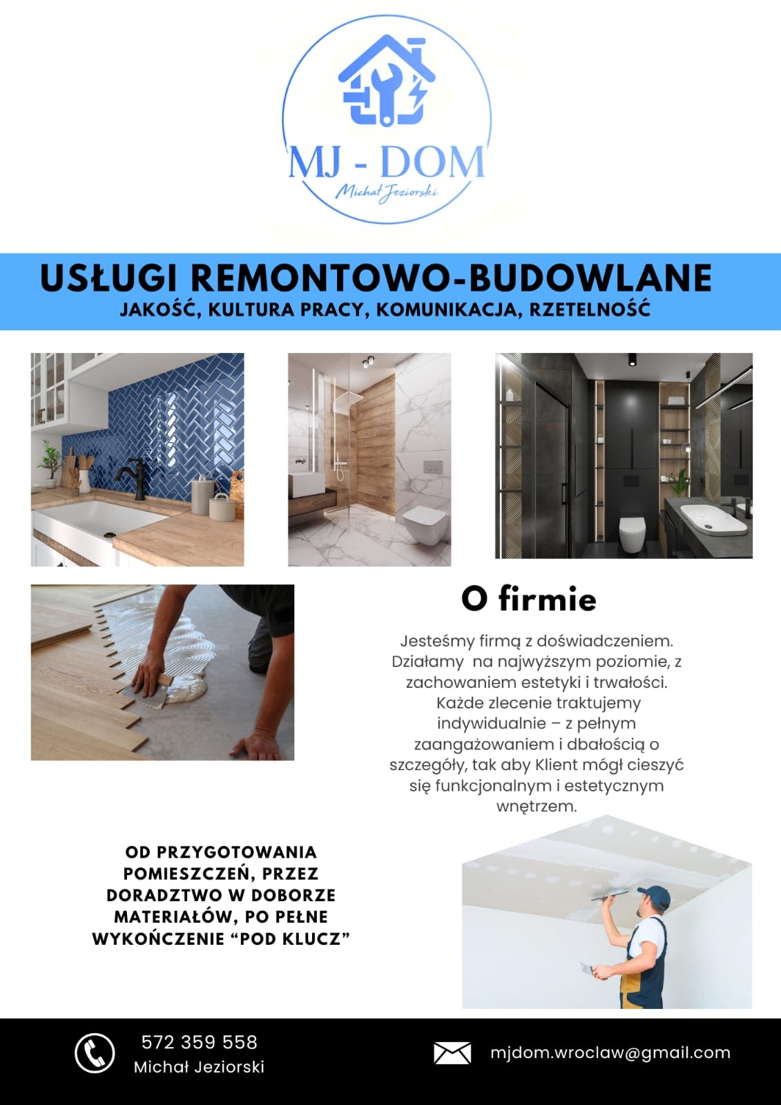 Plakat firmy remontowej: aranżacje łazienek, kuchni, układanie parkietu, szpachlowanie sufitu. Usługi remontowo-budowlane 'pod klucz'.