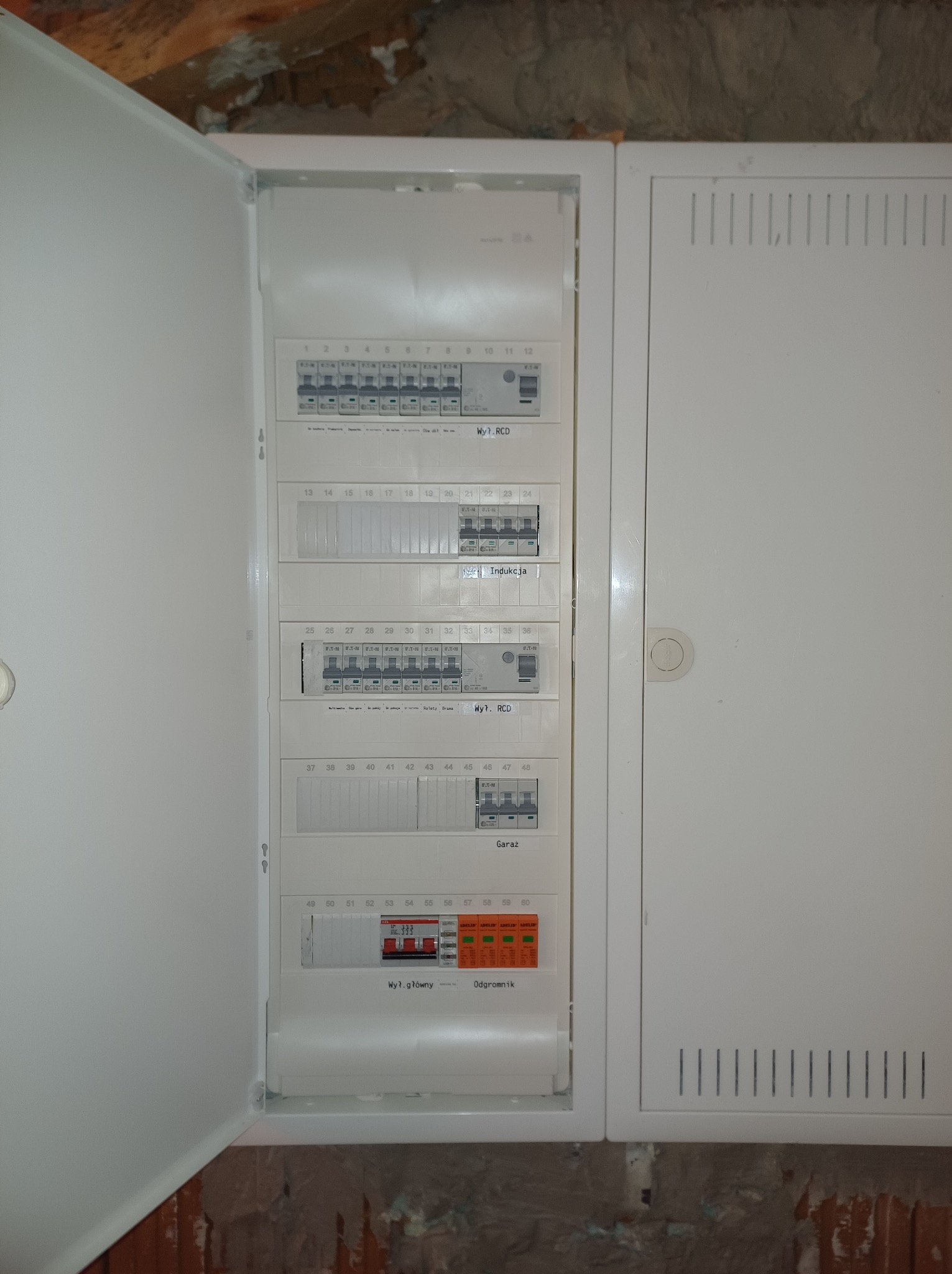 Otwarta skrzynka bezpiecznikowa z widocznymi bezpiecznikami i opisami obwodów (np. indukcja, garaż, wyłącznik główny, odgromnik).