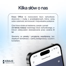 Biuro Rachunkowe Miłosz Kraus - Kraus Office: nowoczesne biuro rachunkowe z 23-letnią tradycją, stawiające na prostą współpracę. Prezentacja na ekranie smartfona z adresem krausoffice.pl.