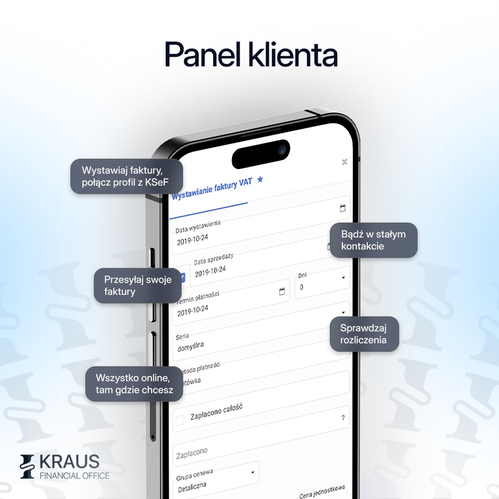 Panel klienta w smartfonie: wystawianie faktur VAT, przesyłanie faktur, stały kontakt, sprawdzanie rozliczeń. Aplikacja księgowa Kraus Financial Office.