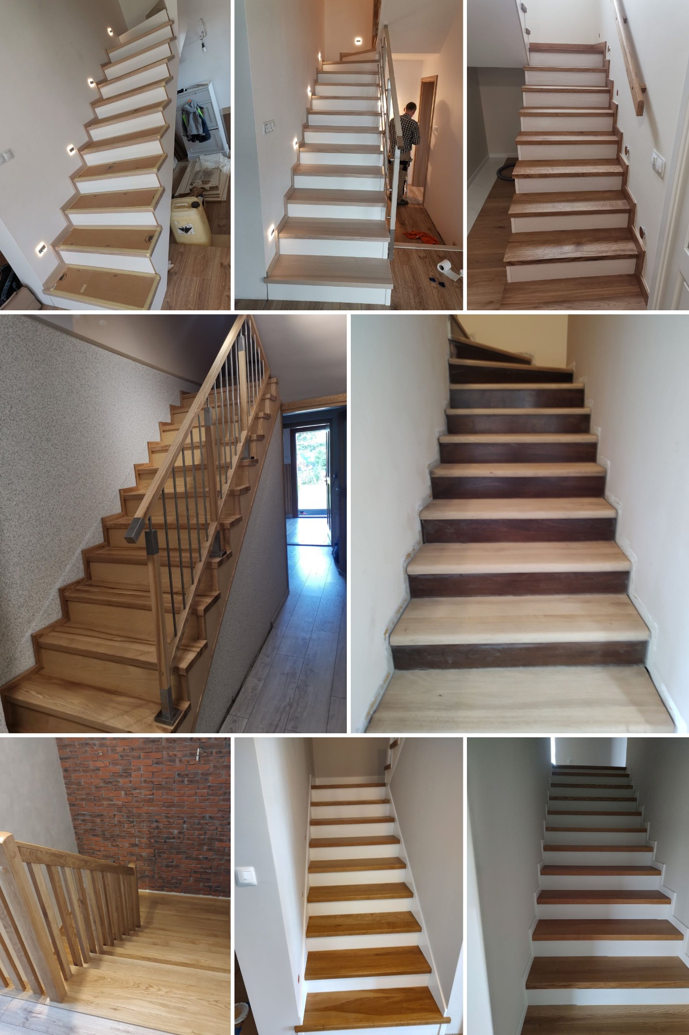 Kolaż zdjęć przedstawiający różne etapy montażu i wykończenia drewnianych schodów z oświetleniem punktowym, z poręczami i bez, w różnych stylach i kolorach.