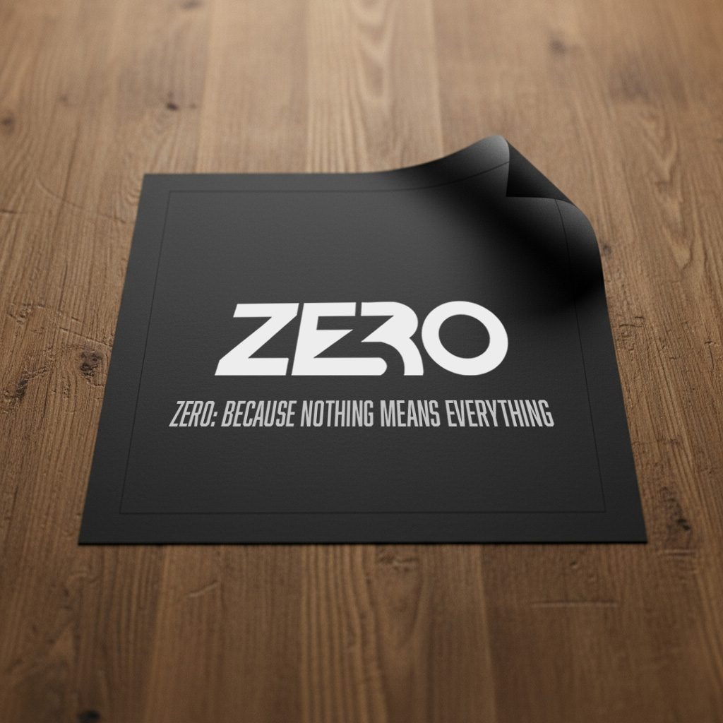 Czarna karta z napisem 'ZERO: BECAUSE NOTHING MEANS EVERYTHING' na drewnianym tle, z delikatnie podwiniętym rogiem, prezentująca minimalistyczny design.