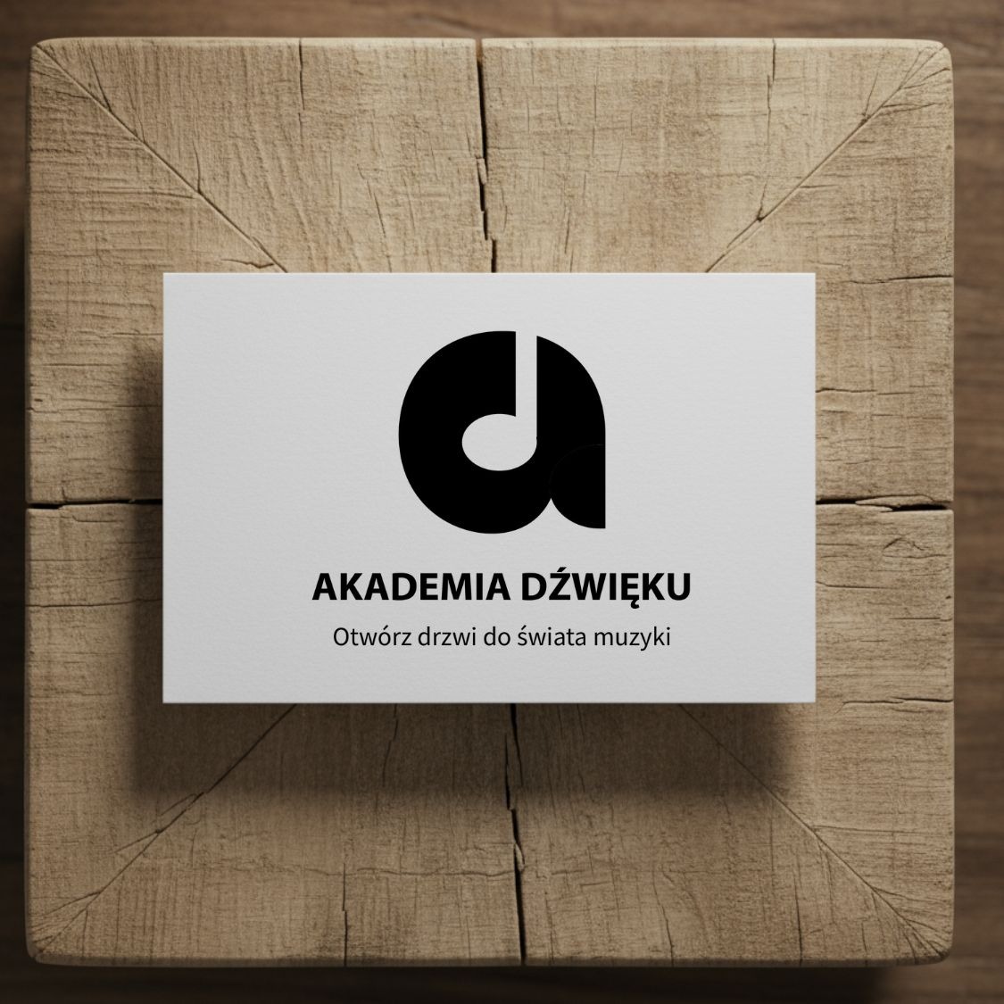 Minimalistyczna wizytówka Akademii Dźwięku z czarnym logo w kształcie litery 'a' i nuty, umieszczona na drewnianym bloku z wyraźnym usłojeniem.