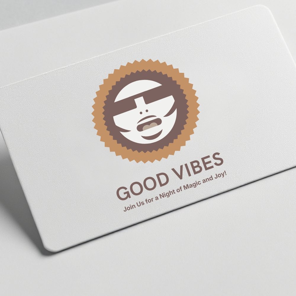 Kreatywna wizytówka z logo przedstawiającym uśmiechniętą twarz w okularach przeciwsłonecznych, otoczoną promieniami. Napis 'GOOD VIBES' i zaproszenie na magiczny wieczór.