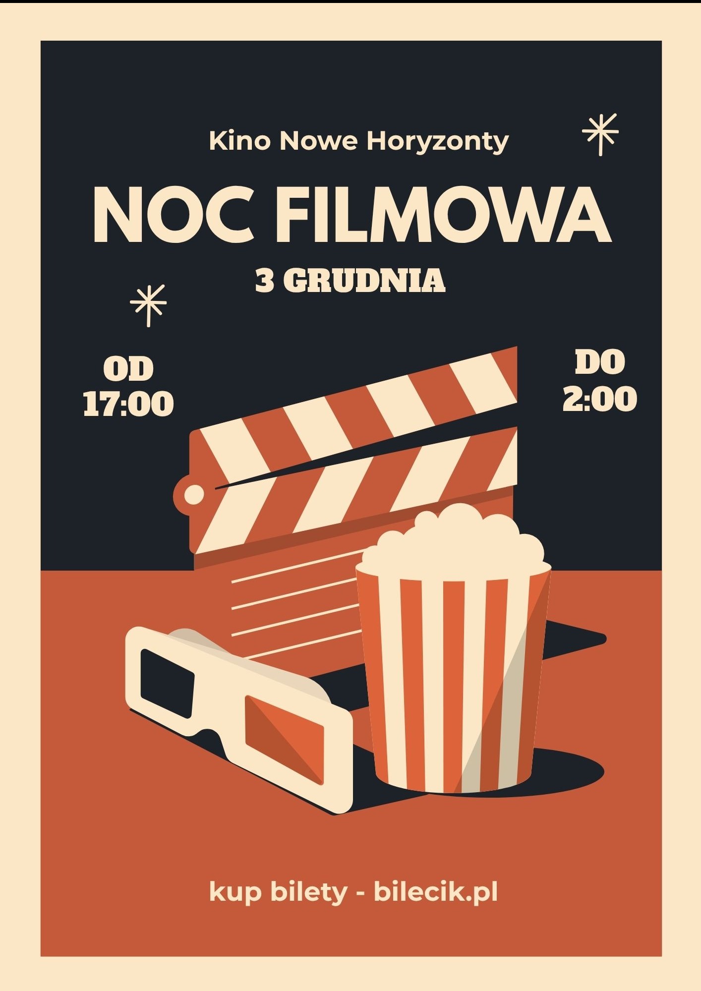 Retro plakat filmowy: klaps filmowy, popcorn, okulary 3D, napis 'Noc Filmowa 3 Grudnia', godziny 17:00-2:00 i adres strony do zakupu biletów.