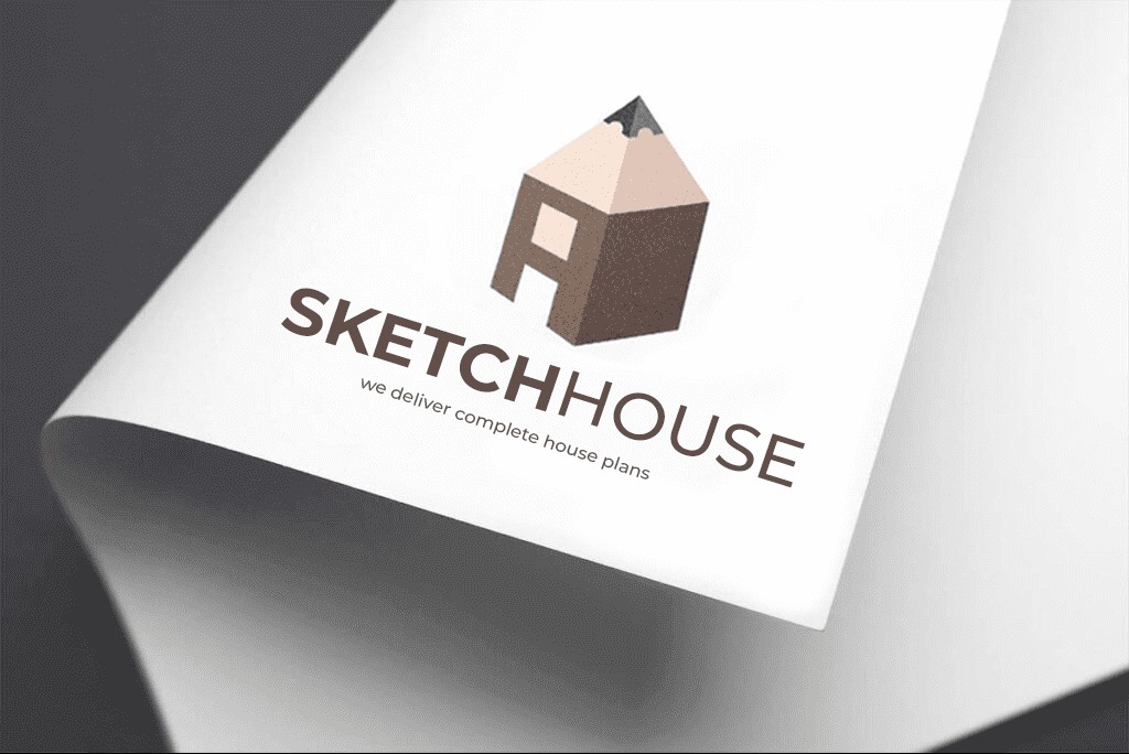 Logo 'SketchHouse' na białym papierze z efektem 3D, przedstawiające ołówek w kształcie domu z literą A. Minimalistyczny design na szarym tle.