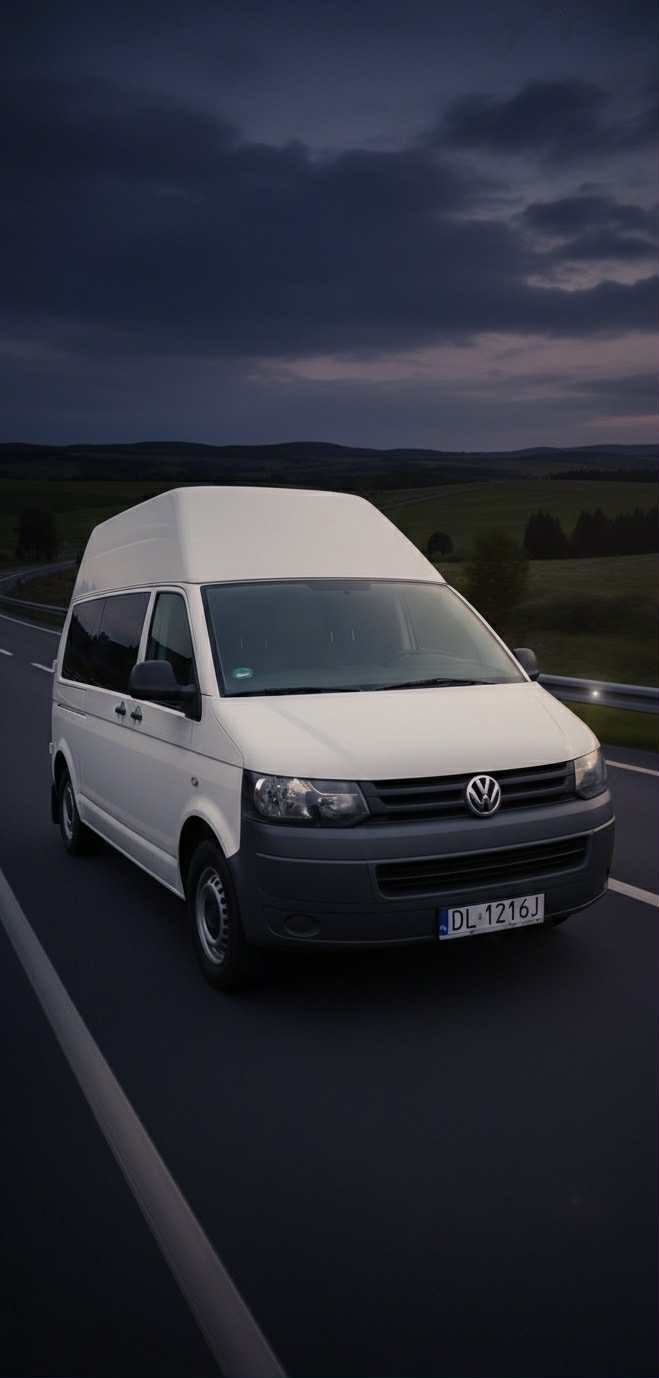 Biały bus VW Transporter z wysokim dachem na drodze, w tle krajobraz o zmierzchu. Tablica rejestracyjna DL 1216J. Idealny do przewozu osób lub transportu zagranicznego.