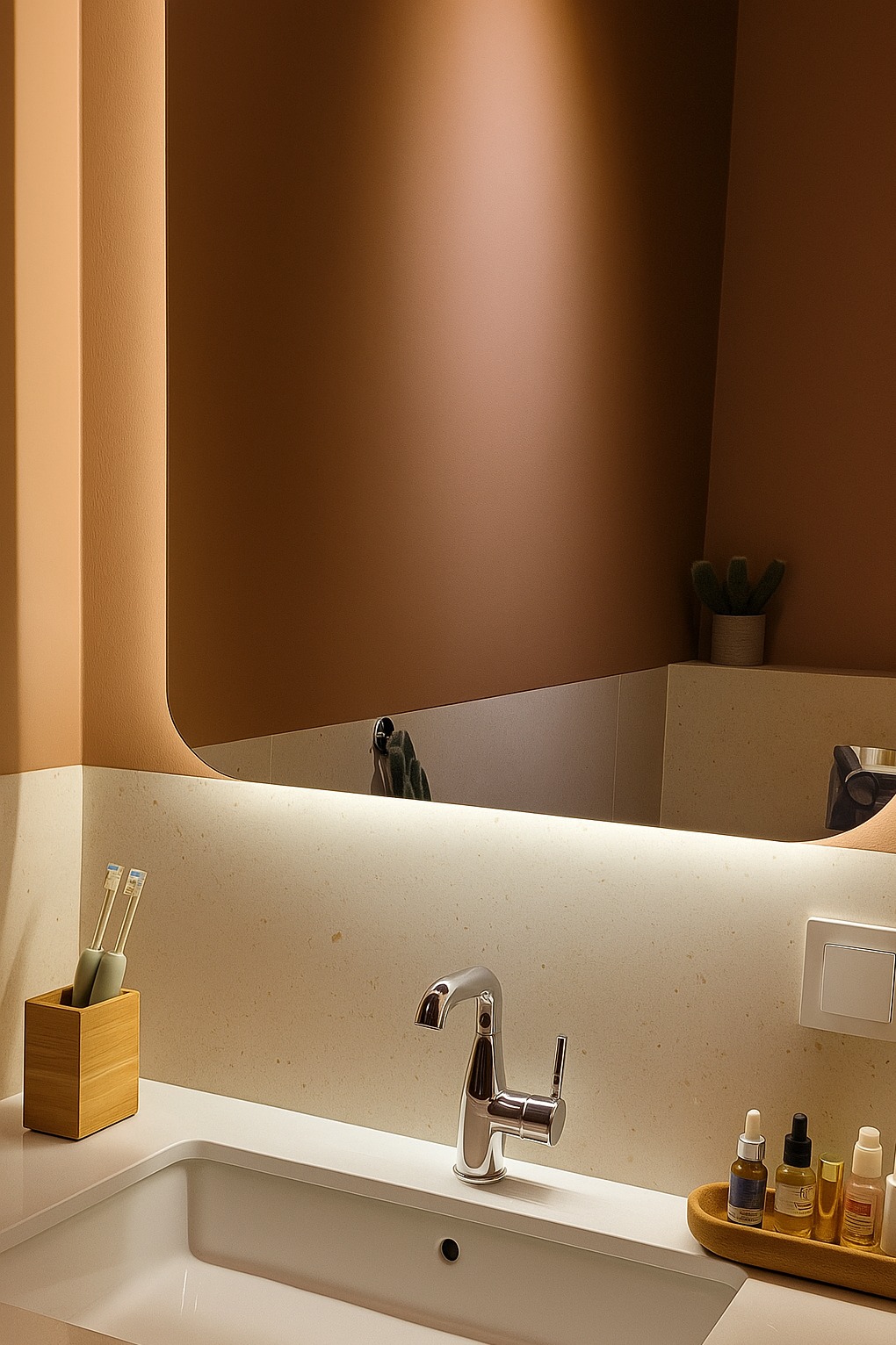 Nowoczesna łazienka z umywalką, chromowaną baterią i podświetlanym lustrem o zaokrąglonych krawędziach. Beżowe ściany i akcesoria w odcieniach brązu tworzą ciepły klimat.