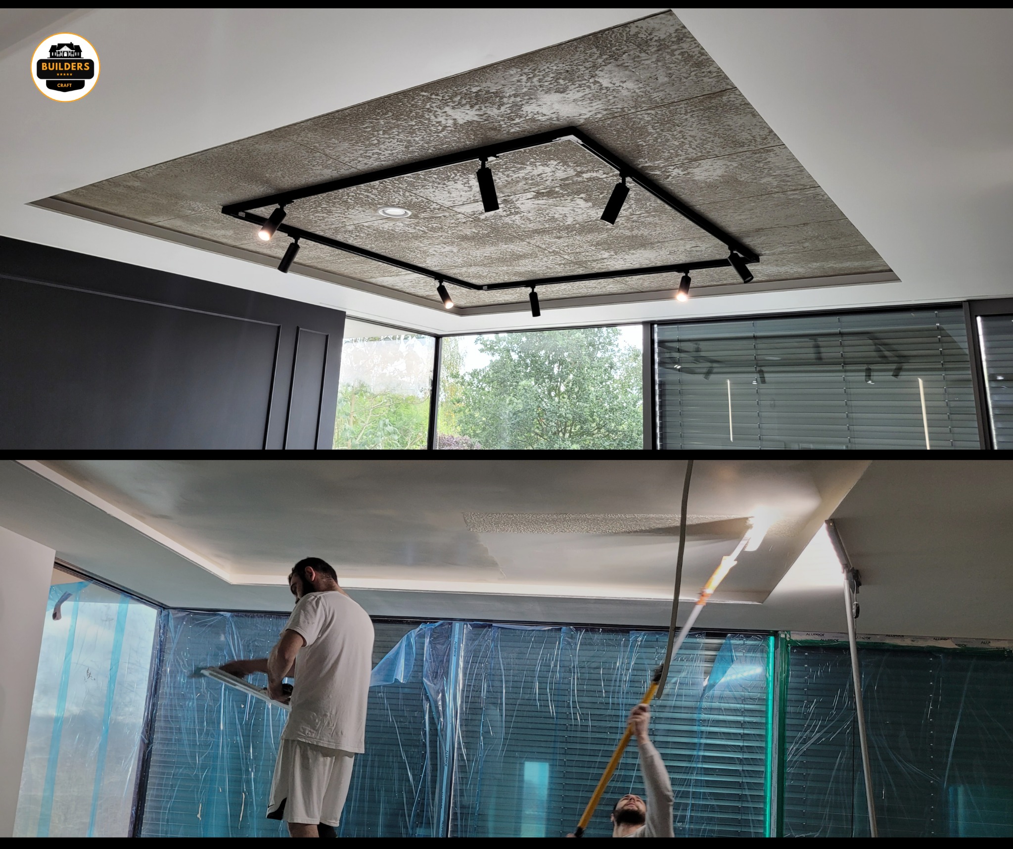 Dwuczęściowe ujęcie: wykończony sufit z oświetleniem i fragment malowania sufitu z zabezpieczonym oknem folią. Widoczni malarze przy pracy.
