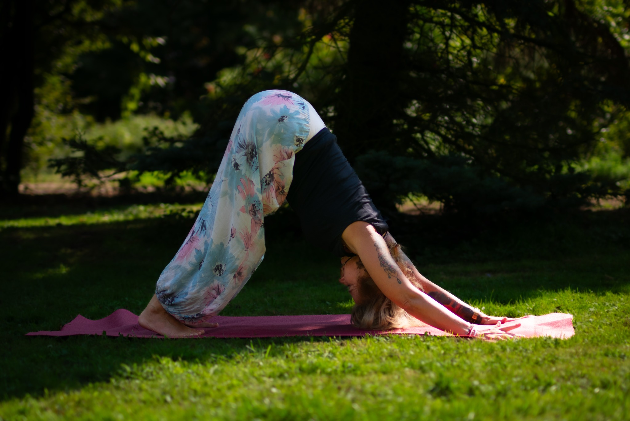 Kobieta w pozycji psa z głową w dół na różowej macie do jogi, w kwiecistych spodniach i czarnym topie, na tle zielonej trawy i drzew.