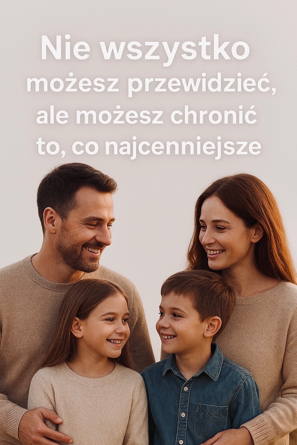 Uśmiechnięta rodzina (mama, tata, córka i syn) w beżowych ubraniach, spoglądająca na siebie z czułością. Nad nimi napis: Nie wszystko możesz przewidzieć, ale możesz chronić to, co najcenniejsze.