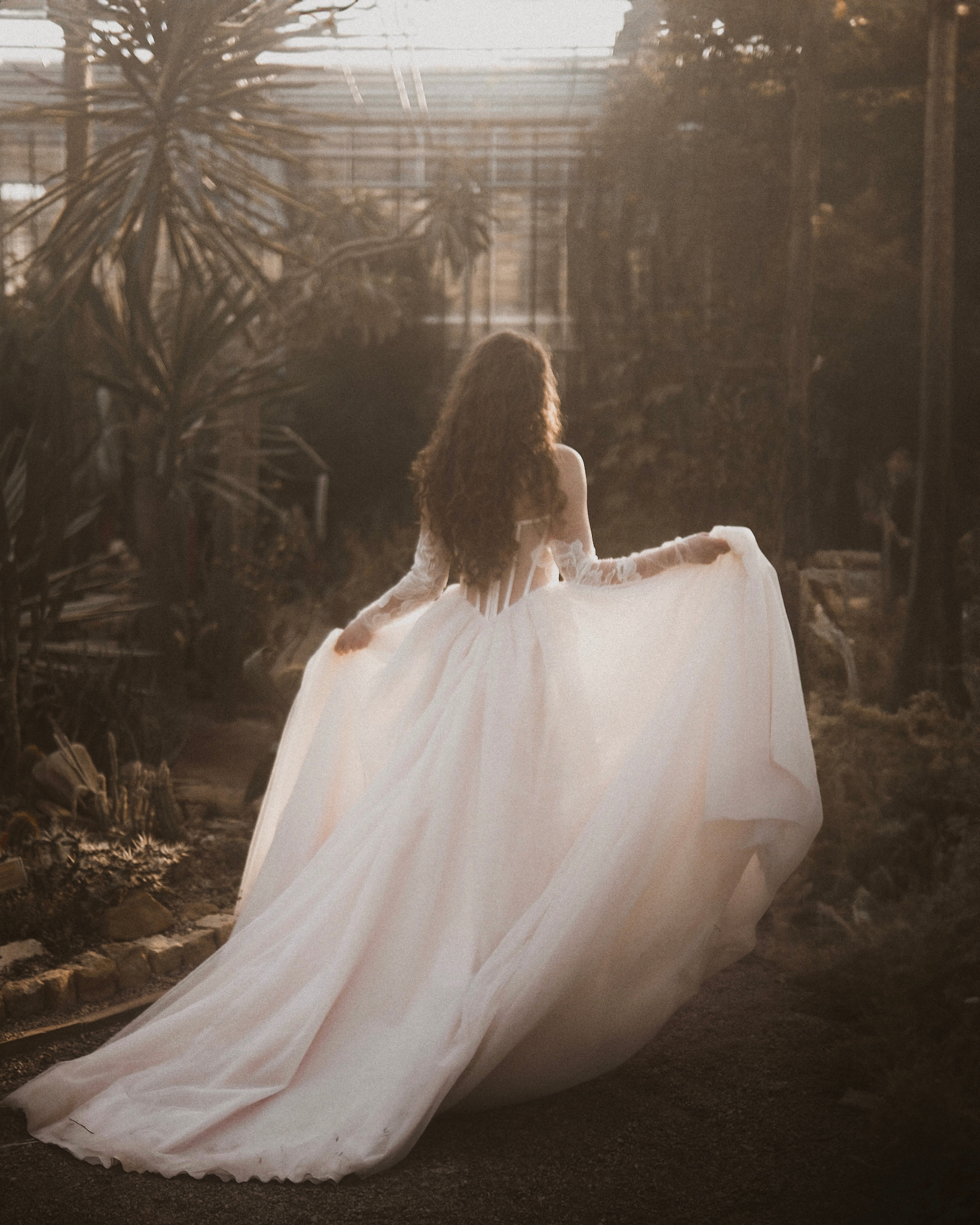 Panna młoda w zwiewnej sukni spaceruje pośród egzotycznej roślinności w szklarni, uchwycona z tyłu, w miękkim, rozproszonym świetle.