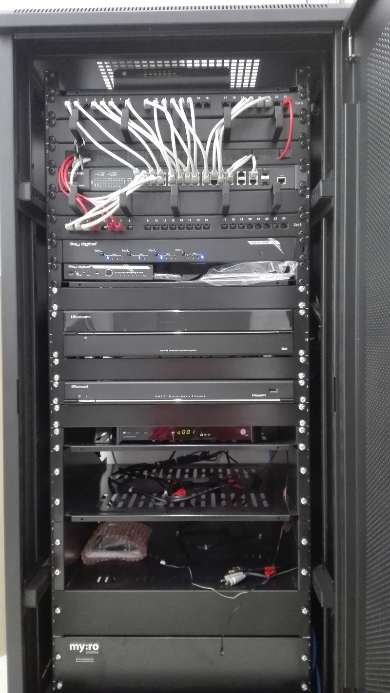 Szafa rack z zainstalowanymi urządzeniami sieciowymi i audio, widoczne kable, switche, wzmacniacze i media streamery. Elementy systemu inteligentnego domu.