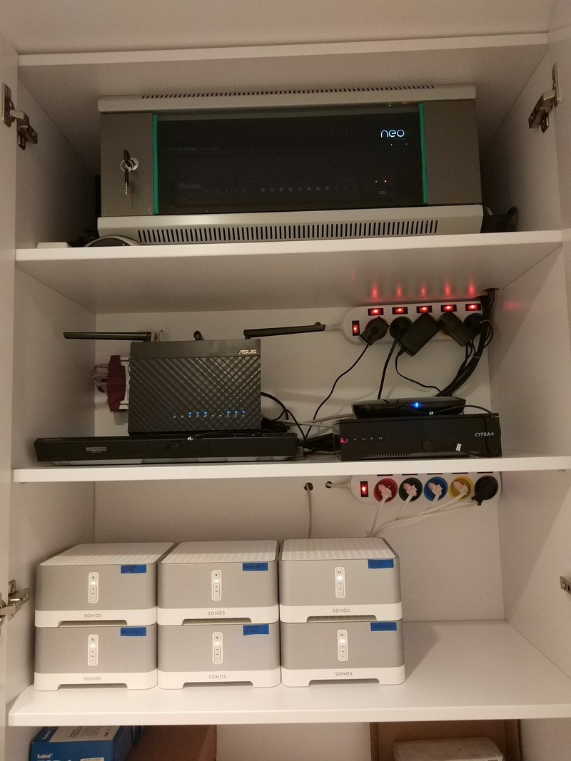 Szafa z urządzeniami: serwer, router ASUS, dekoder Cyfra+ i głośniki Sonos. Widoczne listwy zasilające z włącznikami. Sprzęt RTV w białej szafie.