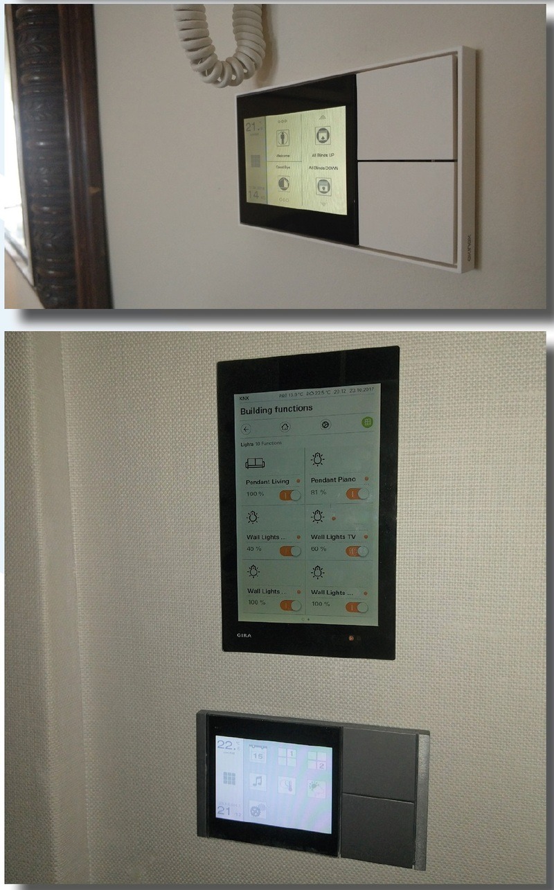 Panel sterowania inteligentnego domu GIRA na ścianie, z widocznym interfejsem użytkownika do zarządzania oświetleniem i innymi funkcjami budynku. Nowoczesny design.