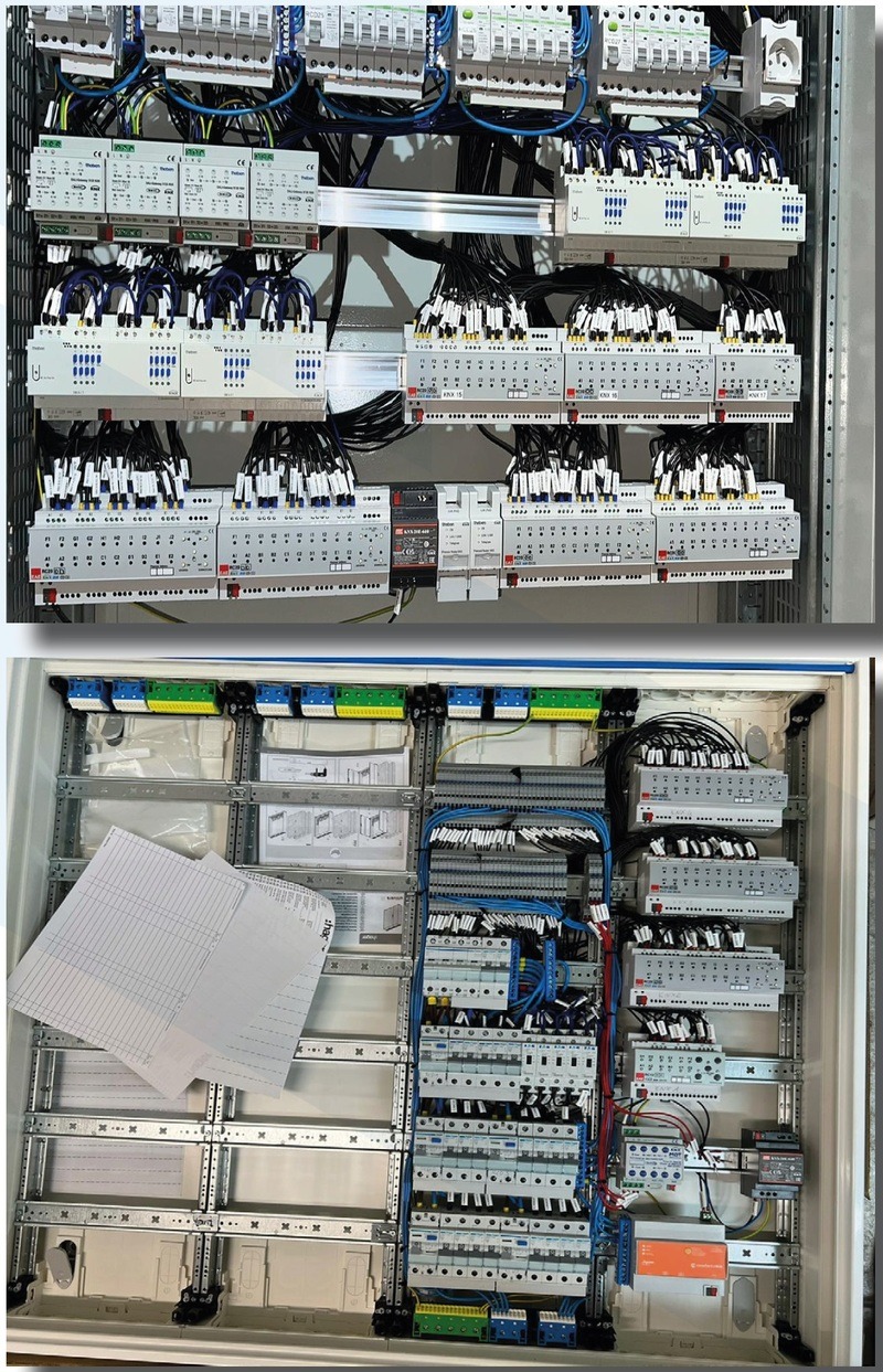Rozdzielnica elektryczna z modułami sterującymi, okablowaniem i dokumentacją techniczną. Widoczne zabezpieczenia, listwy zaciskowe i elementy automatyki.