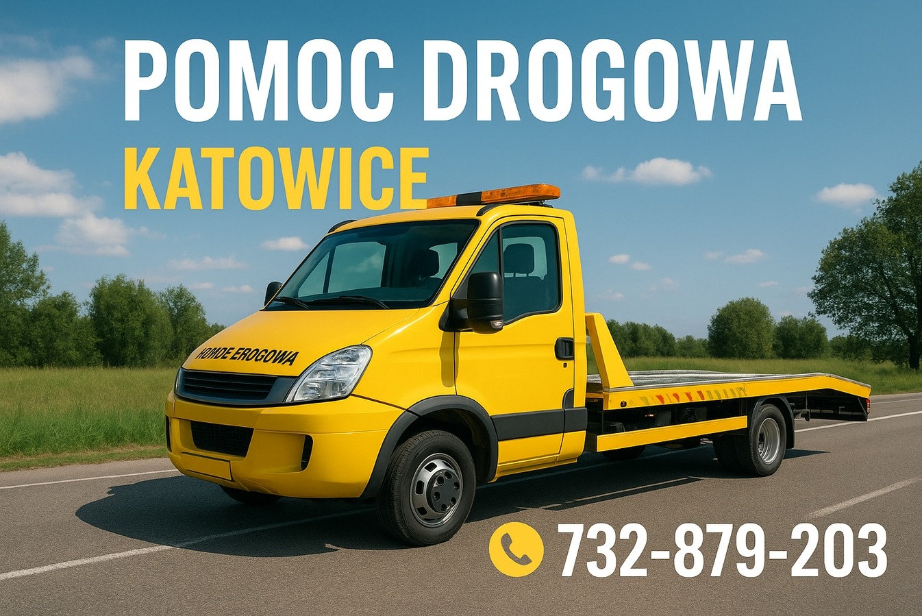 Żółta laweta pomocy drogowej z napisem 'POMOC DROGOWA KATOWICE' i numerem telefonu na tle drogi i zieleni.