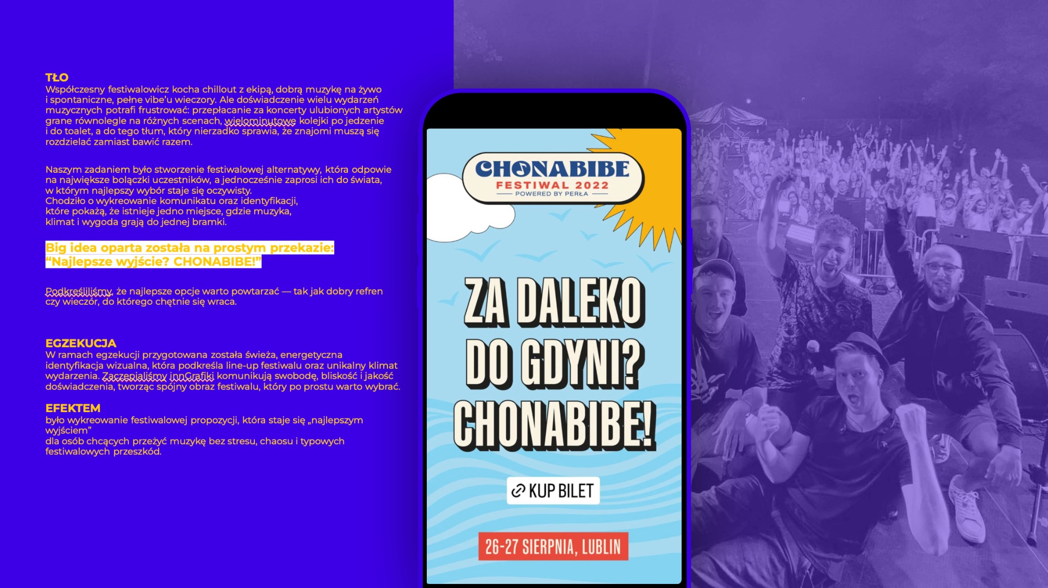 Plakat festiwalu Chonabibe 2022 z hasłem 'Za daleko do Gdyni?' na tle grafiki z motywem fal i słońca. W tle rozmazane zdjęcie publiczności i zespołu na scenie.