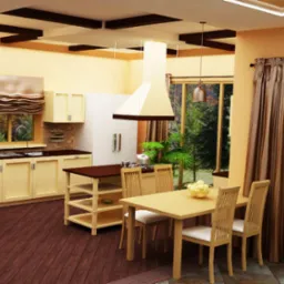 Jasna, przestronna kuchnia z drewnianymi meblami i wyspą, widok na ogród przez duże okno, stół jadalny z owocami na blacie, nowoczesny okap nad płytą grzewczą, brązowe zasłony i ciemnobrązowa podłoga.