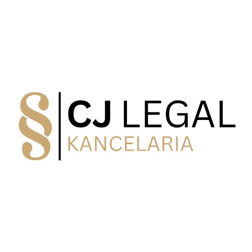 Logo kancelarii prawnej CJ Legal z symbolem paragrafu w kolorze złotym, czarnym napisem 'CJ LEGAL' i złotym napisem 'KANCELARIA' na białym tle.