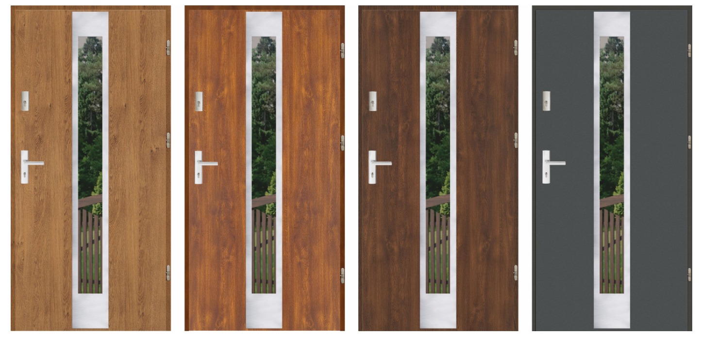 Cztery modele drzwi zewnętrznych z przeszkleniem w różnych kolorach: dąb, orzech i grafit, prezentowane na białym tle. Widoczne detale klamek i zamków.