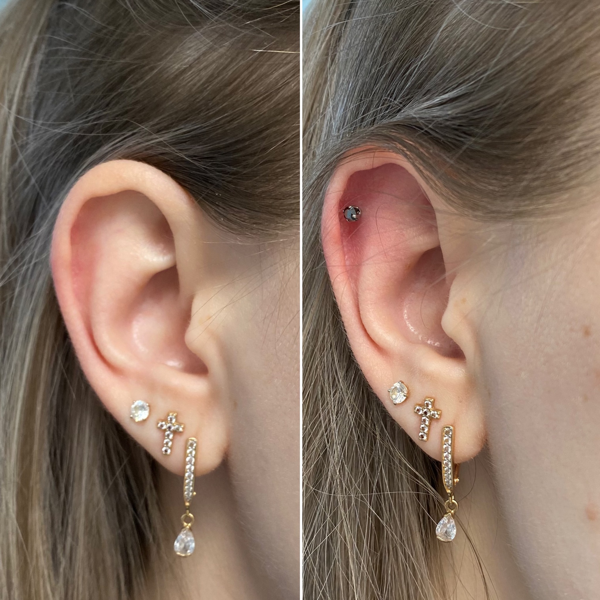 Ucho kobiety przed i po przekłuciu helix z czarnym kolczykiem. Widoczne trzy kolczyki w płatku ucha: okrągły, krzyżyk i wiszący z kryształkami.