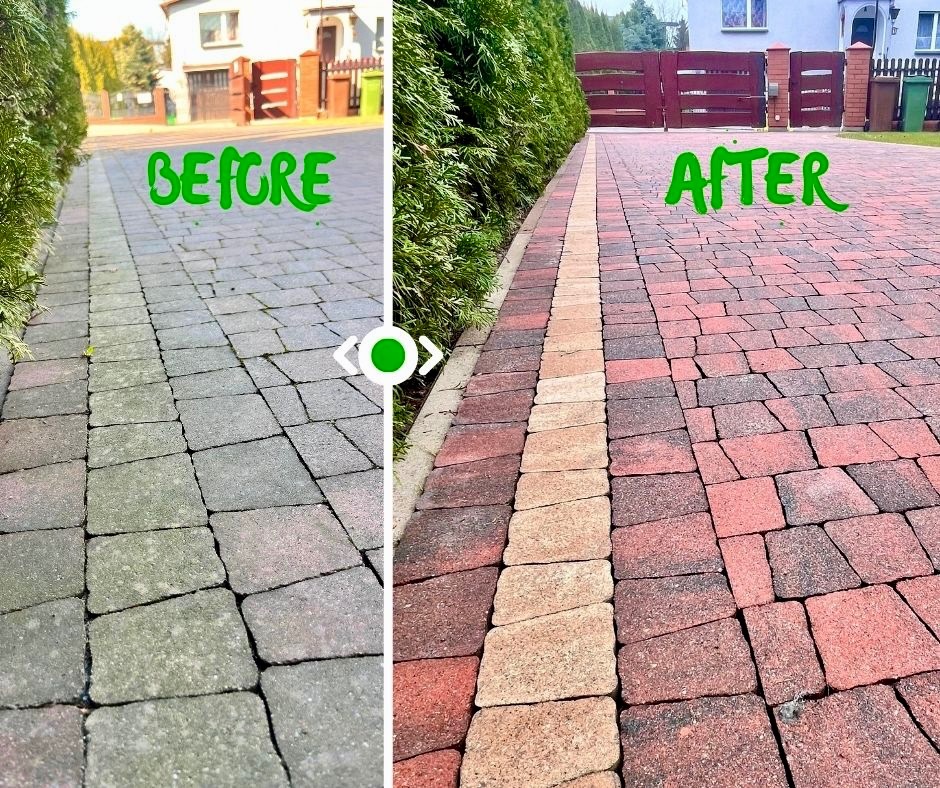 Kostka brukowa przed i po czyszczeniu. Po lewej stronie kostka szara, zabrudzona, po prawej wyczyszczona, z intensywnym czerwonym kolorem. Widoczne napisy 'BEFORE' i 'AFTER'.