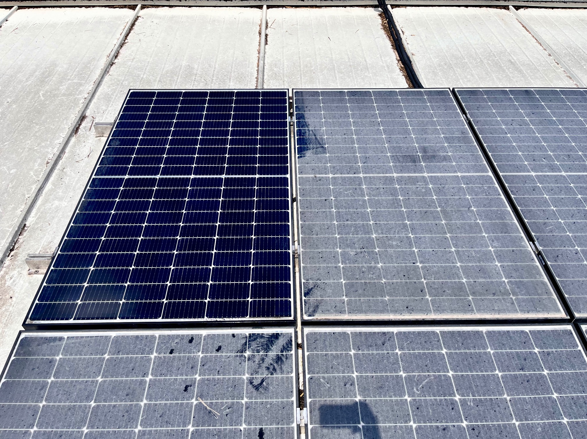 Częściowo umyte panele fotowoltaiczne na dachu. Po lewej czysty, ciemnoniebieski panel, po prawej brudne, szare panele. Widoczne zabrudzenia i różnica w kolorze.