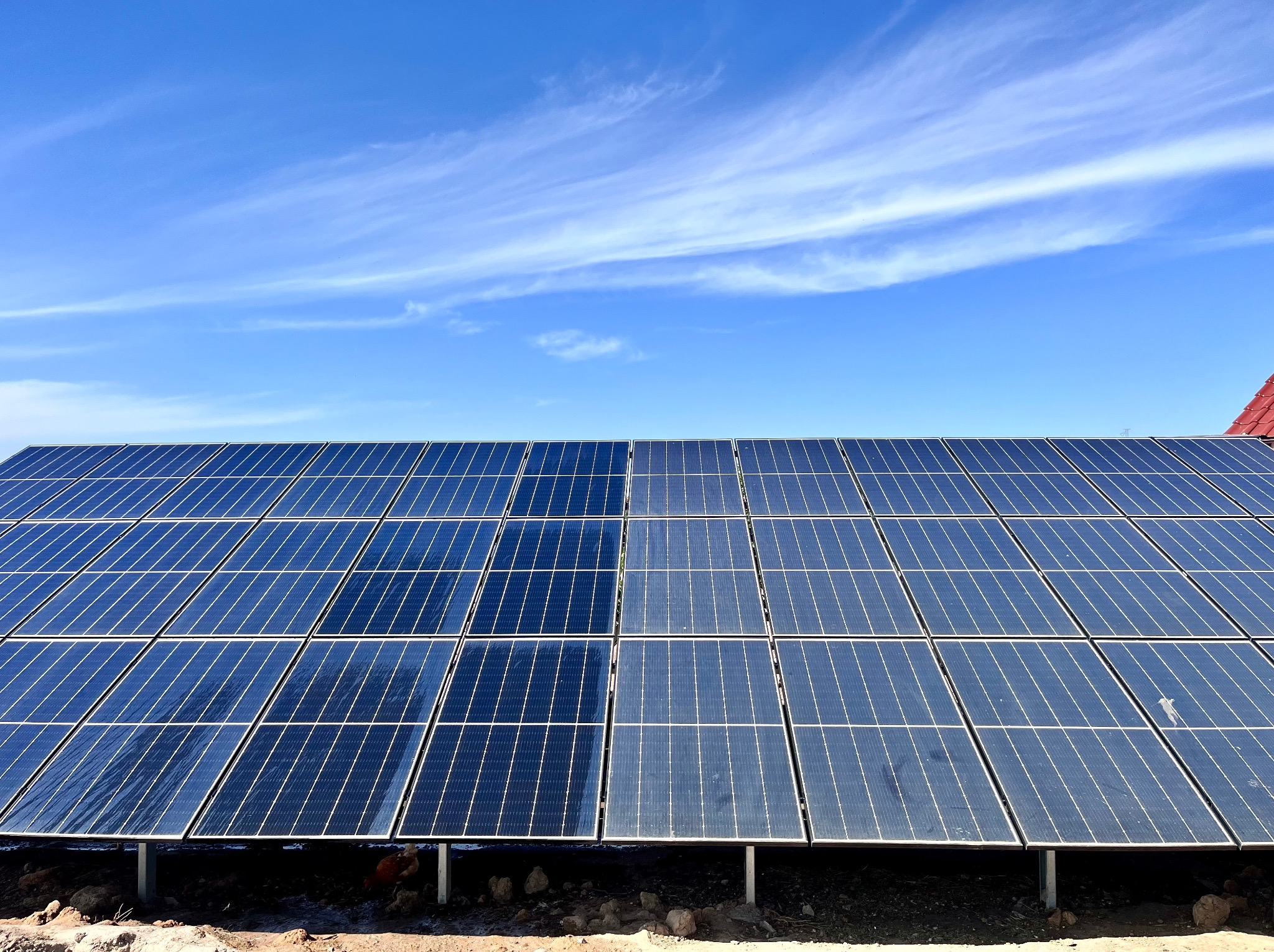 Błękitne panele fotowoltaiczne pod błękitnym niebem z chmurami. Widoczny fragment czerwonego dachu. Instalacja na gruncie, z kurą pod spodem.