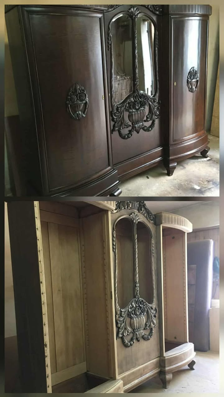 Antyczna szafa: górny kadr ukazuje odnowioną, ciemną politurę i zdobienia; dolny - surowe drewno przed renowacją, ukazując detale snycerskie.