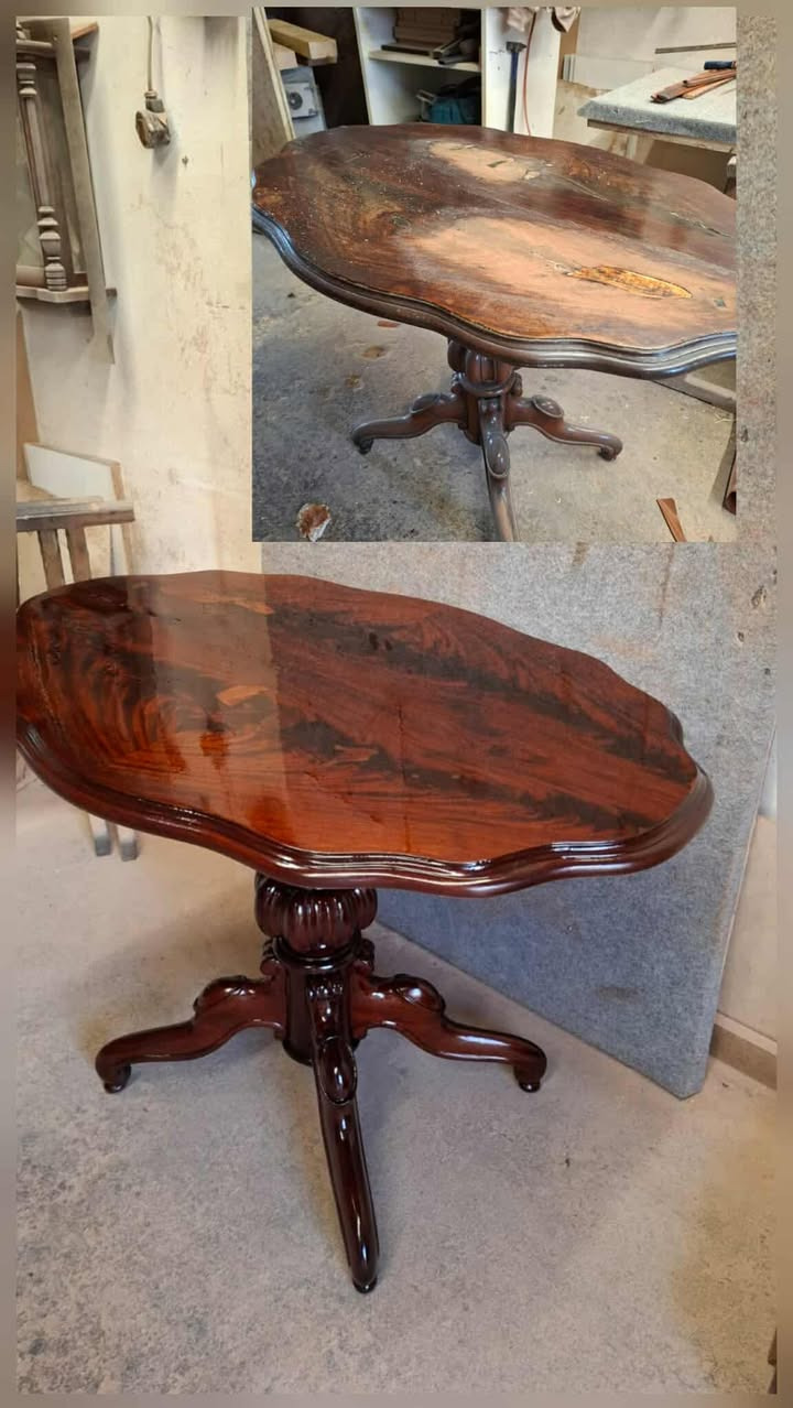 Stół po renowacji: górna część zdjęcia pokazuje stan przed, z widocznymi uszkodzeniami, dolna część prezentuje odnowiony, błyszczący blat z ciemnego drewna.