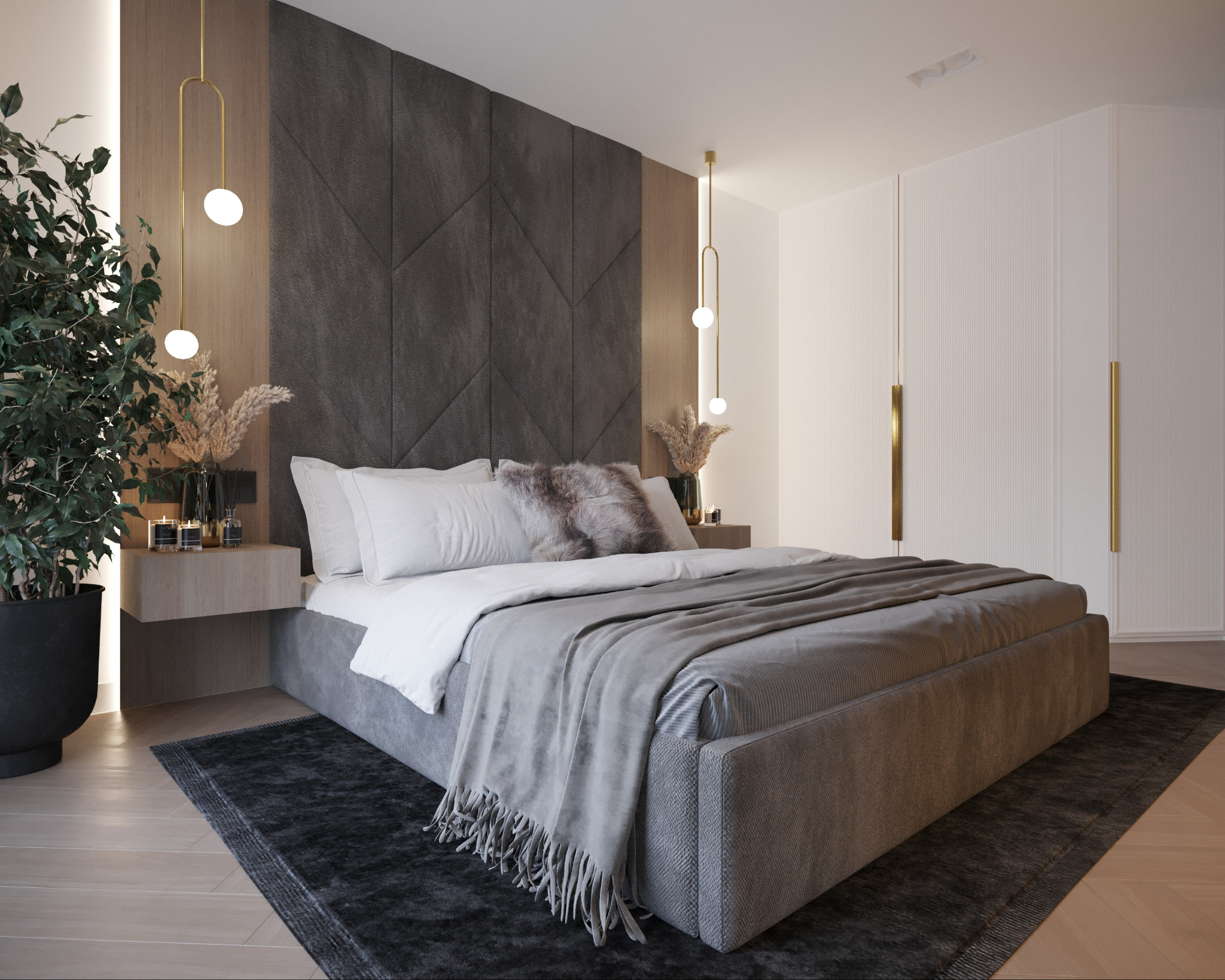 Tapicerowane łóżko w szarościach z wezgłowiem w geometryczne wzory. Obok szafka nocna z dekoracjami i wysoka szafa z ryflowanymi frontami. Całość w nowoczesnym stylu.
