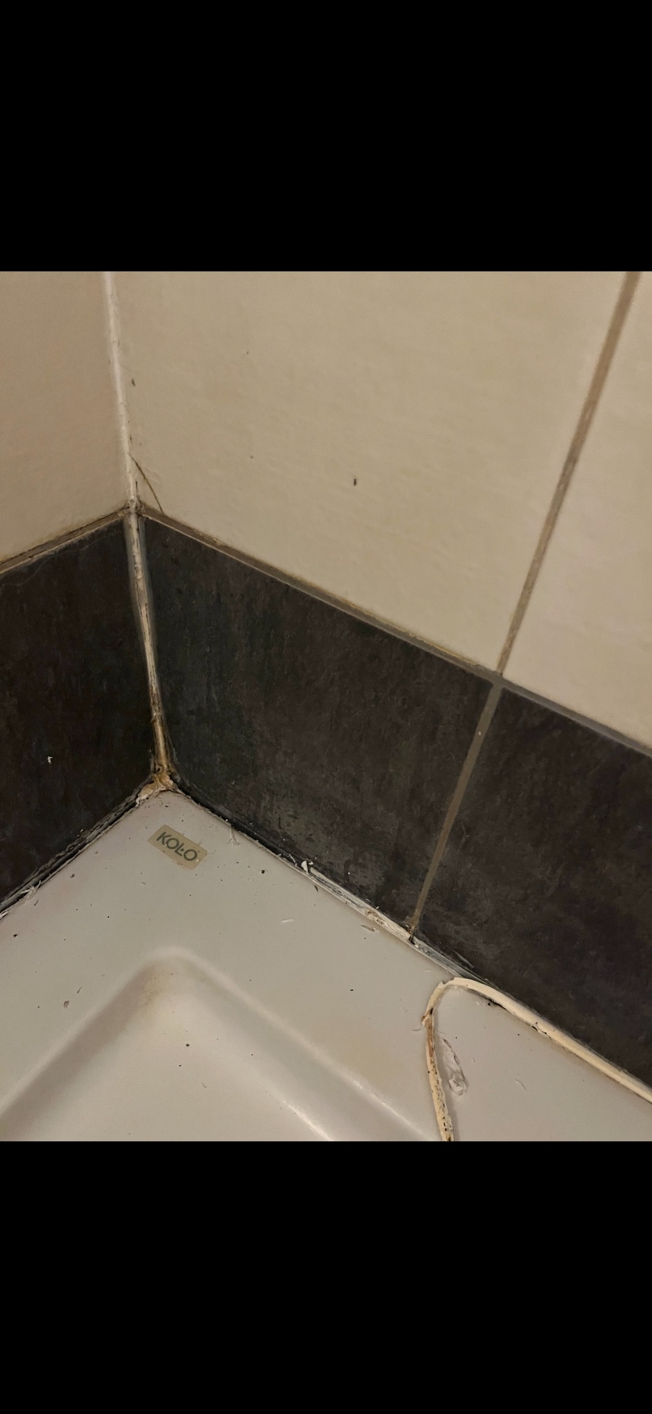 Narożnik kabiny prysznicowej z widocznymi śladami pleśni i uszkodzonym silikonem. Widoczne czarno-białe płytki i fragment brodzika z naklejką producenta Koło.