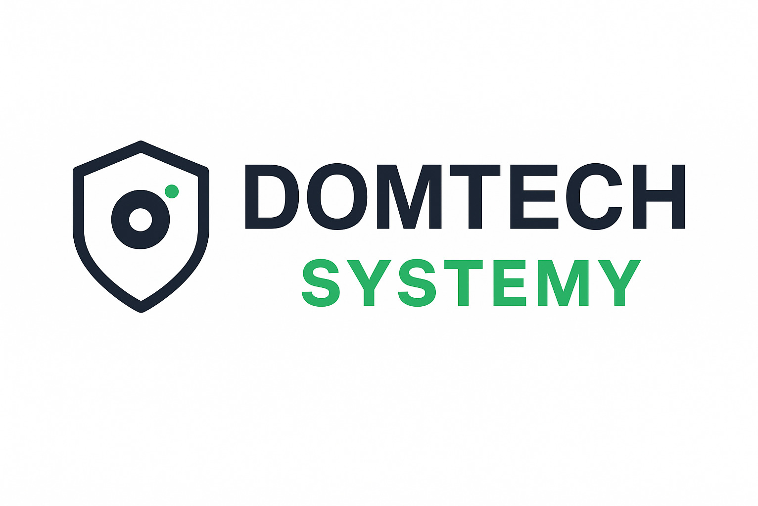 Logo firmy Domtech Systemy: ciemny, geometryczny symbol tarczy z zielonym akcentem i nazwa firmy w kolorach ciemnym i zielonym na białym tle.