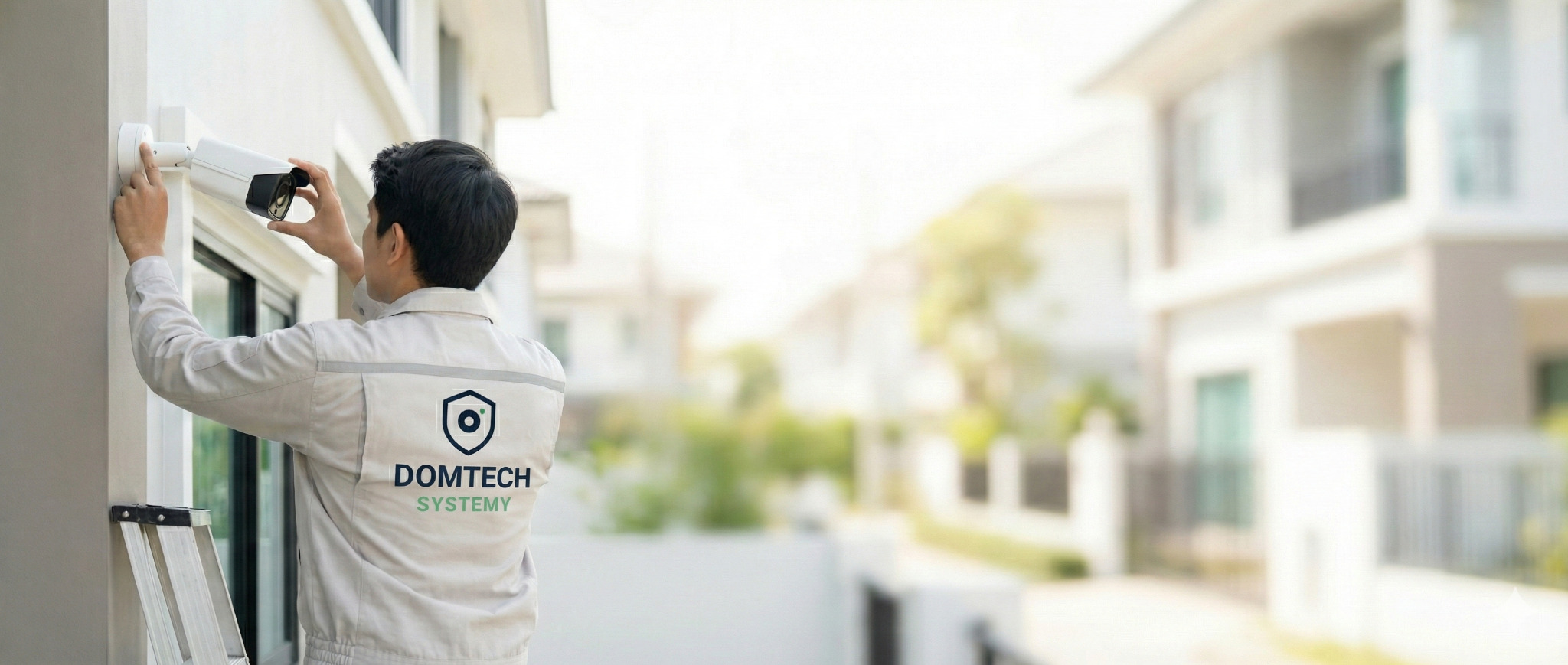 Pracownik w uniformie Domtech Systemy montuje kamerę monitoringu na elewacji domu. Widoczna drabina i fragment okna. Tło rozmyte, zarys budynków.