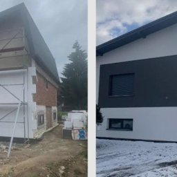 MW Docieplenia Podlasie - Dom przed i po: ocieplenie z rusztowaniem w trakcie, a po prawej budynek z pomalowaną elewacją w odcieniach bieli i szarości, zimowy krajobraz.
