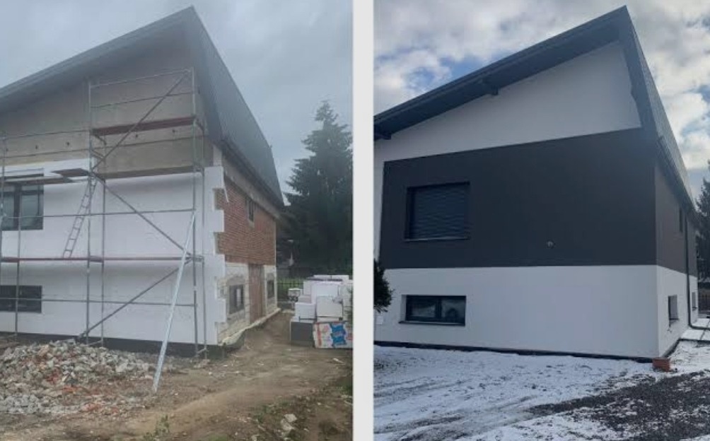 Dom przed i po: ocieplenie z rusztowaniem w trakcie, a po prawej budynek z pomalowaną elewacją w odcieniach bieli i szarości, zimowy krajobraz.