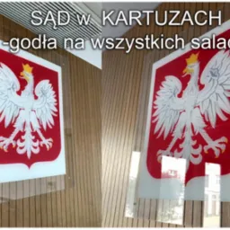 Godło Polski umieszczone na ścianie w Sądzie w Kartuzach, na przezroczystej płycie, widoczne pionowe panele drewniane na ścianie.