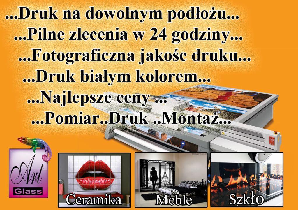 Grafika reklamowa prezentująca drukarkę wielkoformatową z przykładami wydruków na różnych materiałach: szkle, ceramice, meblach, z logo firmy Art Glass i hasłami reklamowymi dotyczącymi jakości...