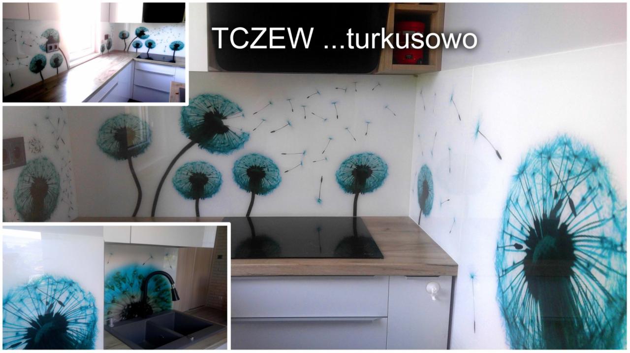 Szklana ściana w kuchni z motywem dmuchawców w odcieniach turkusu, widoczna płyta indukcyjna i zlewozmywak, kompozycja kolażu z trzech ujęć prezentujących różne fragmenty aranżacji.