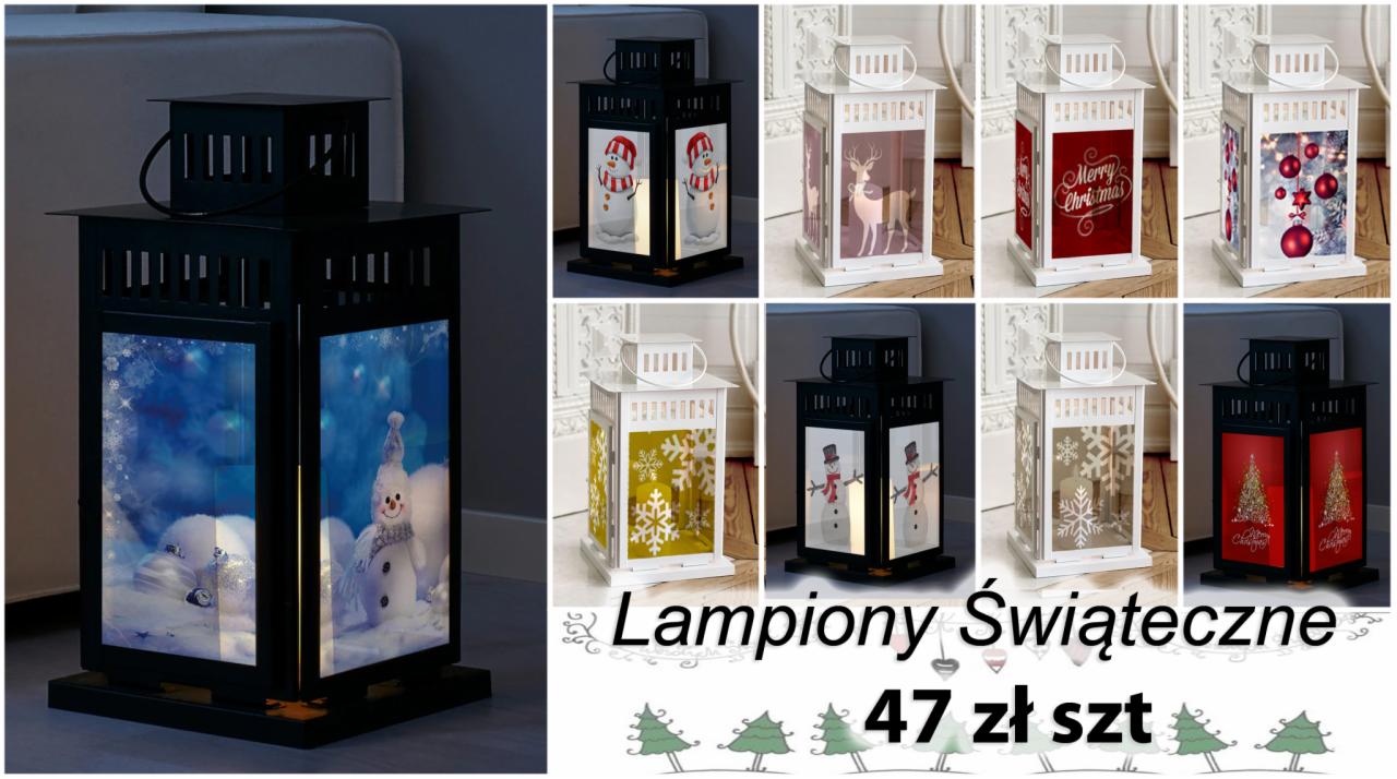 Kolaż przedstawiający różne warianty świątecznych lampionów z motywami bożonarodzeniowymi, takimi jak śnieżynki, bałwany, renifery i choinki, w kolorach białym, czarnym i czerwonym, z ceną 47 zł za...