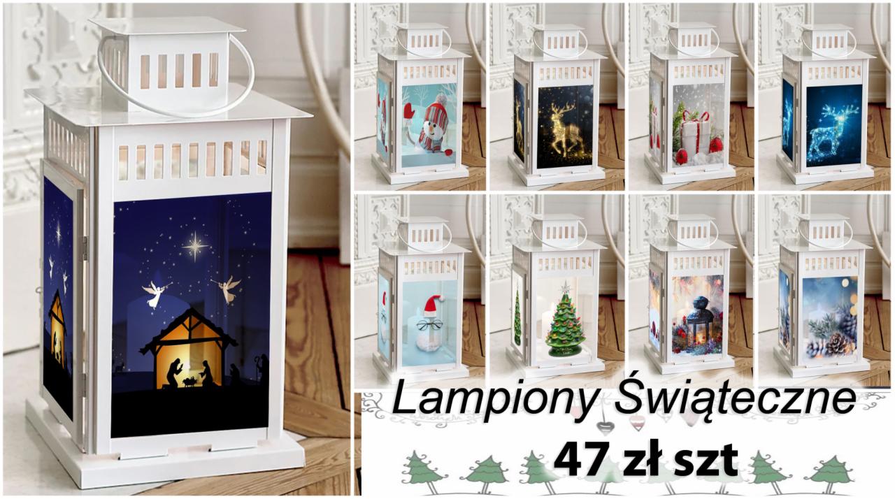 Białe lampiony świąteczne z motywami bożonarodzeniowymi, w tym szopka betlejemska, renifery, prezenty i choinki, cena 47 zł za sztukę.