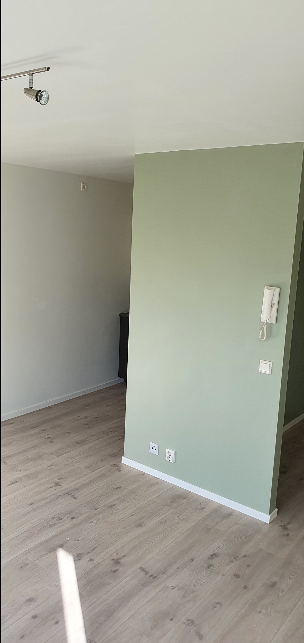 Pomalowane na zielono wnętrze z drewnianą podłogą, gniazdkami elektrycznymi i domofonem na ścianie. Widoczna lampa sufitowa i fragment mebla w tle.