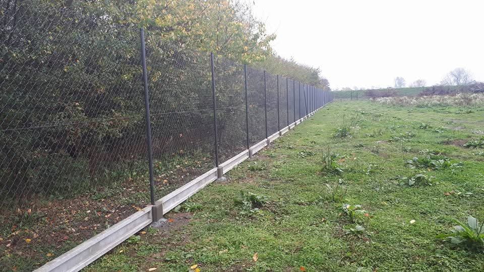 Długi, szary płot z siatki, wsparty na betonowej podmurówce, biegnący wzdłuż zielonego terenu z drzewami w tle, widziany z perspektywy bocznej.